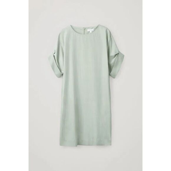 COS Cupro Cotton Short Roll Sleeve Crew Neck Shift Dress in Celadon Green Size 6 - Picture 6 of 13